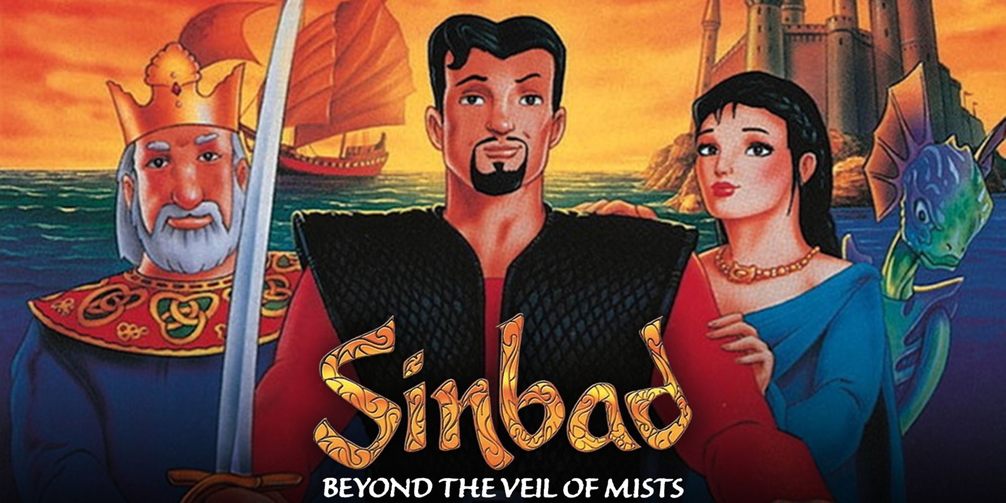 Brendan Fraser as Sinbad, John Rhys-Davies as King Chandra, Jennifer Hale as Princess Serena in Sinbad Beyond the Veil of Mists
