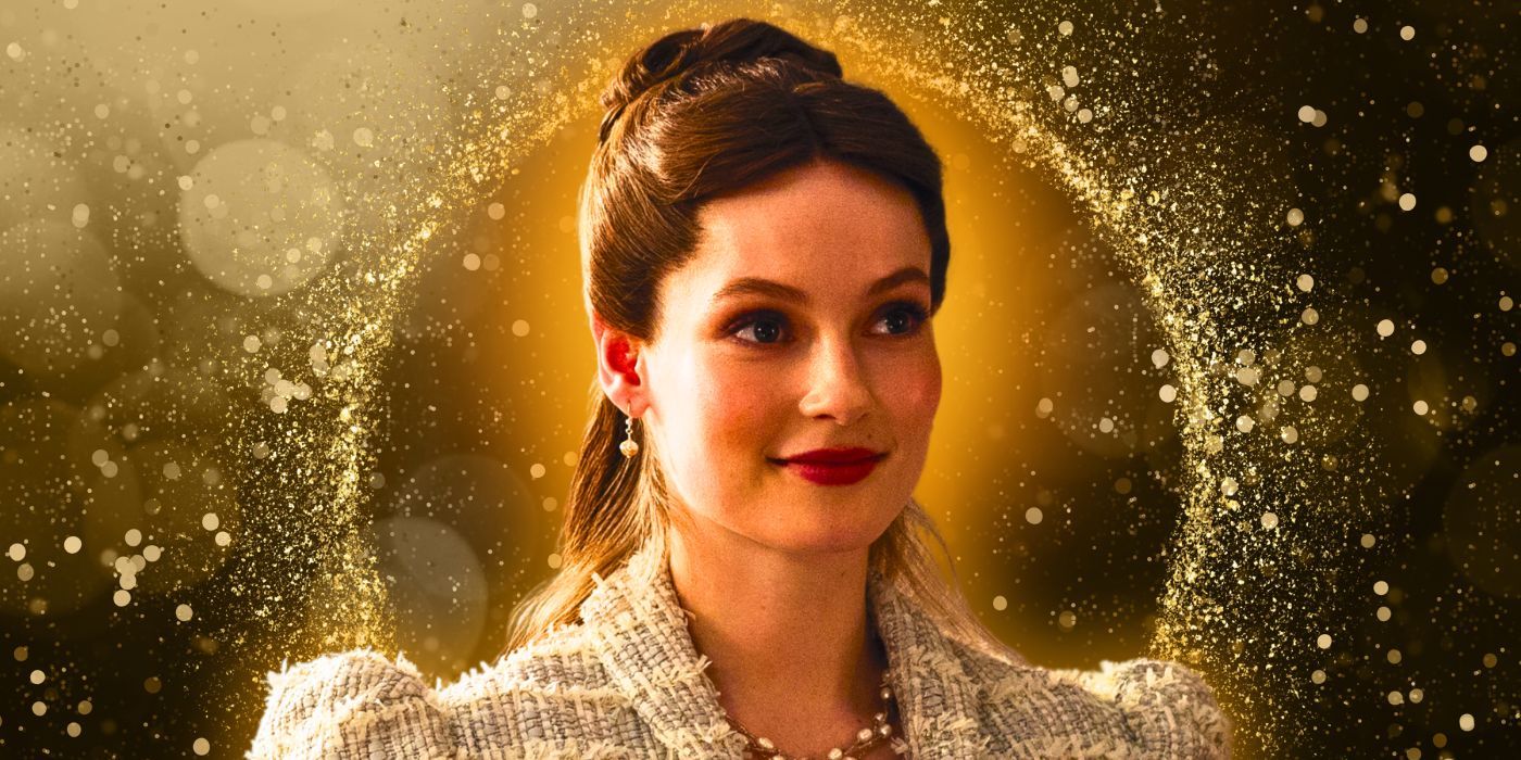 Hannah Dodd as Francesca in Bridgerton season 3 against a backdrop of glittering gold flecks forming a circle