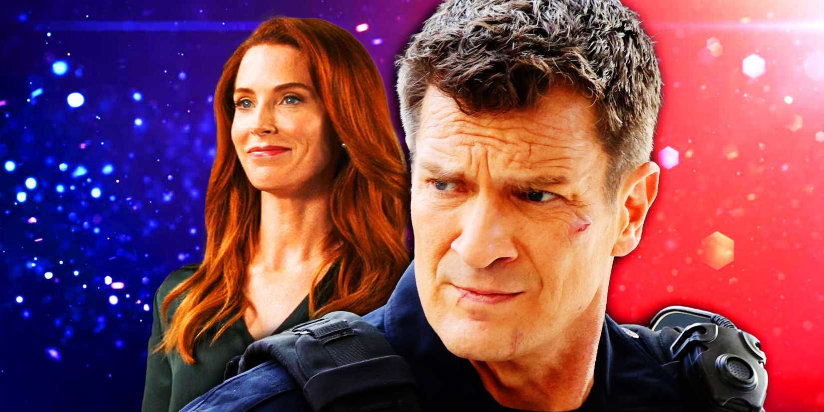 Bridget Regan as Monica and Nathan Fillion as Nolan in The Rookie.