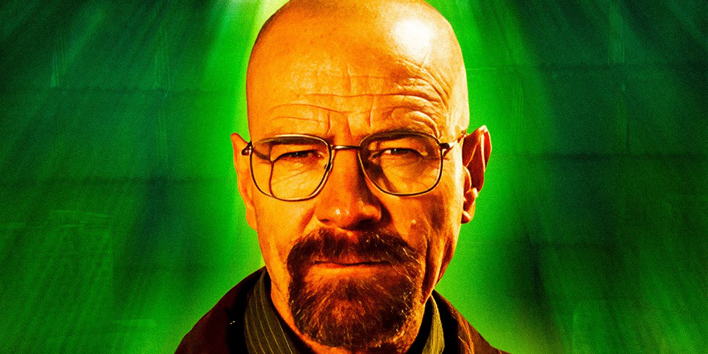 Walter White (Bryan Cranston) with a bald head, aviator glasses, and a goatee, scowling at the camera against a green background in Breaking Bad