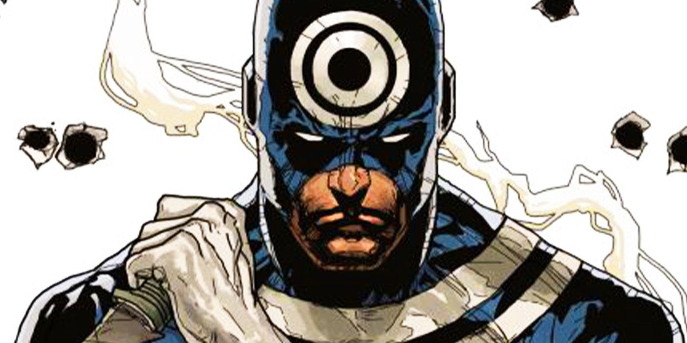 Bullseye umgeben von Einschusslöchern in Marvel Comics