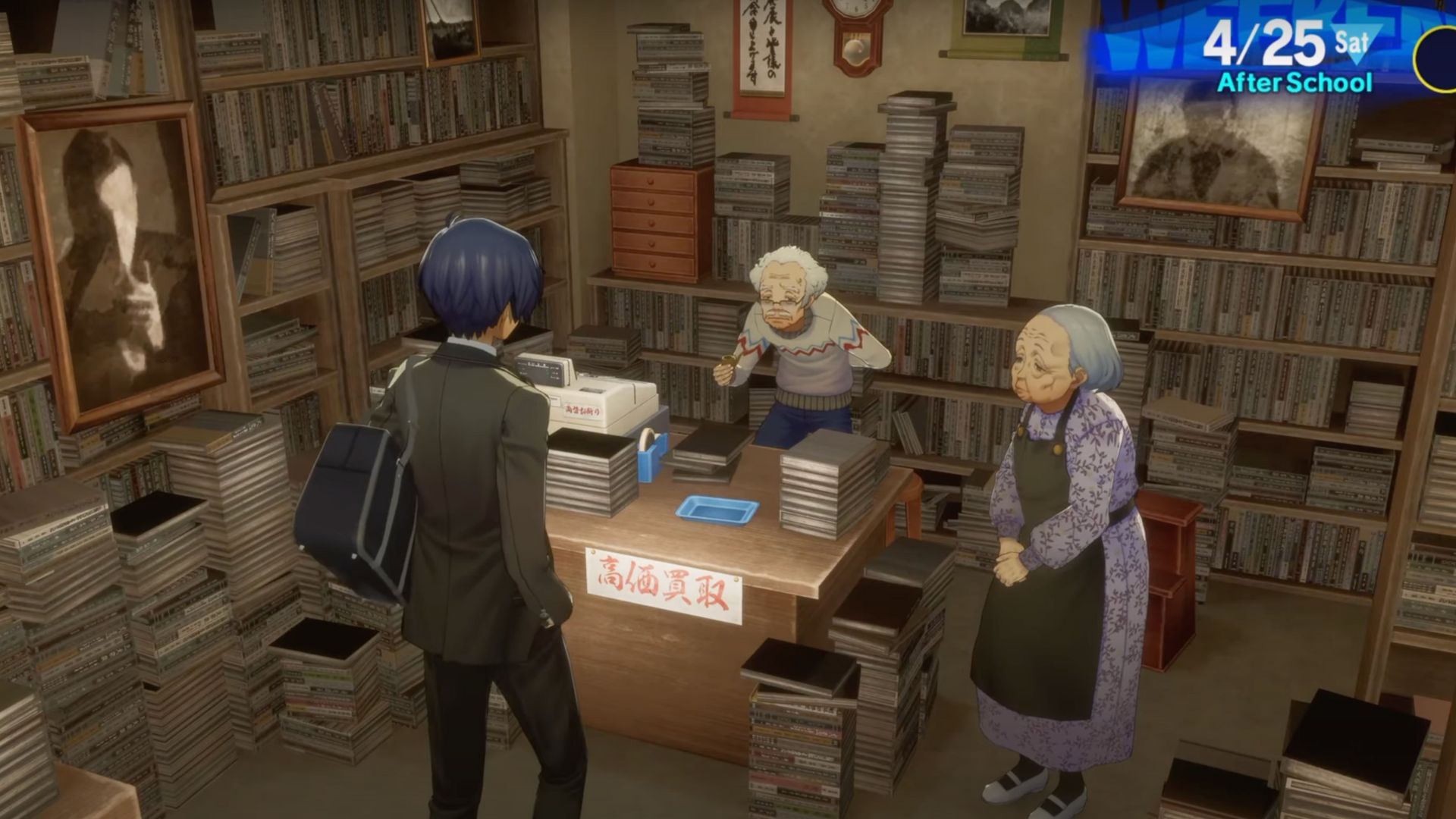 Bunkichi and Mitsuko speaking with Makoto in Persona 3 Reload in their bookshop