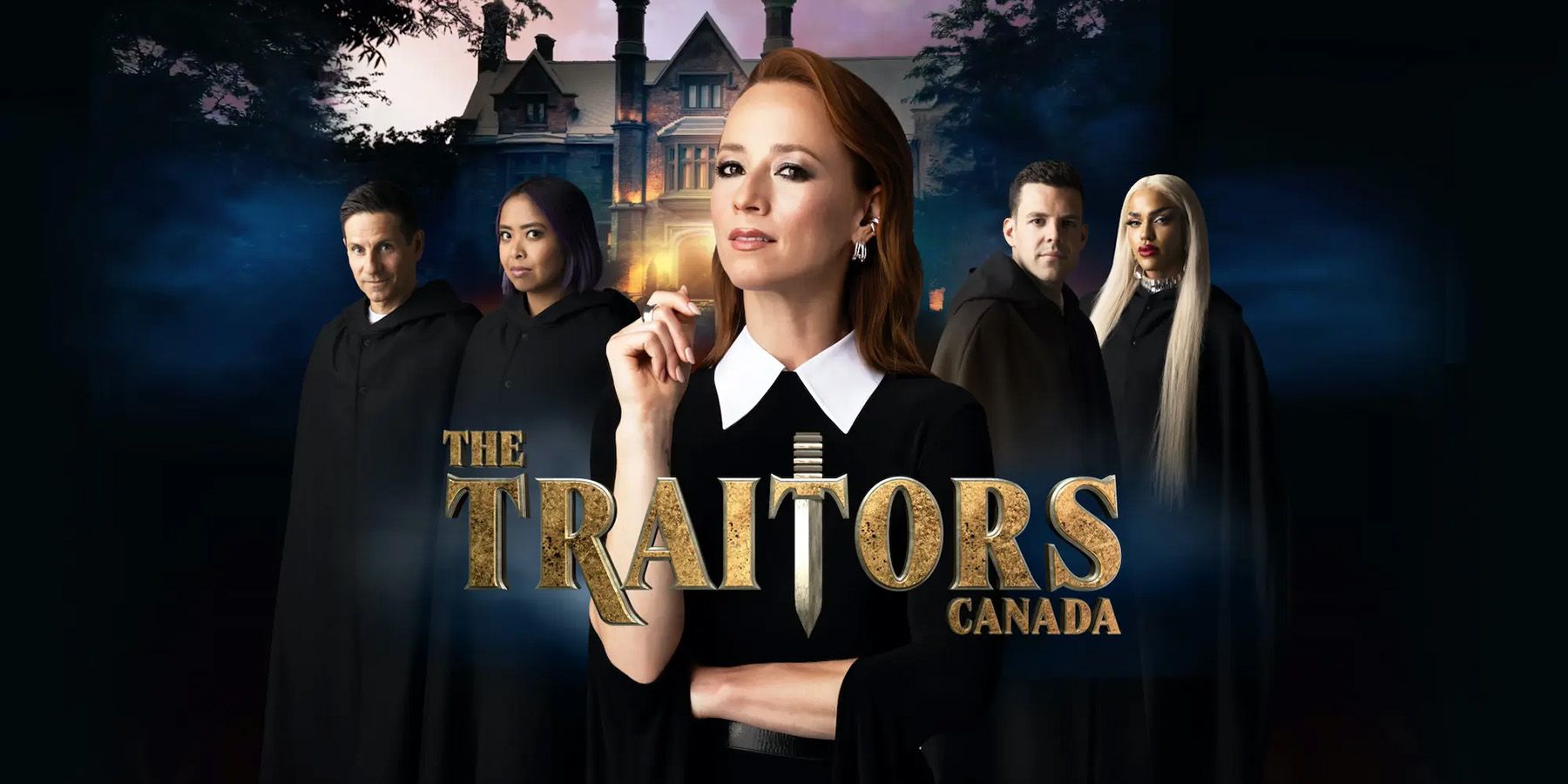 The Traitors Canada Season 1 promo poster with host and players