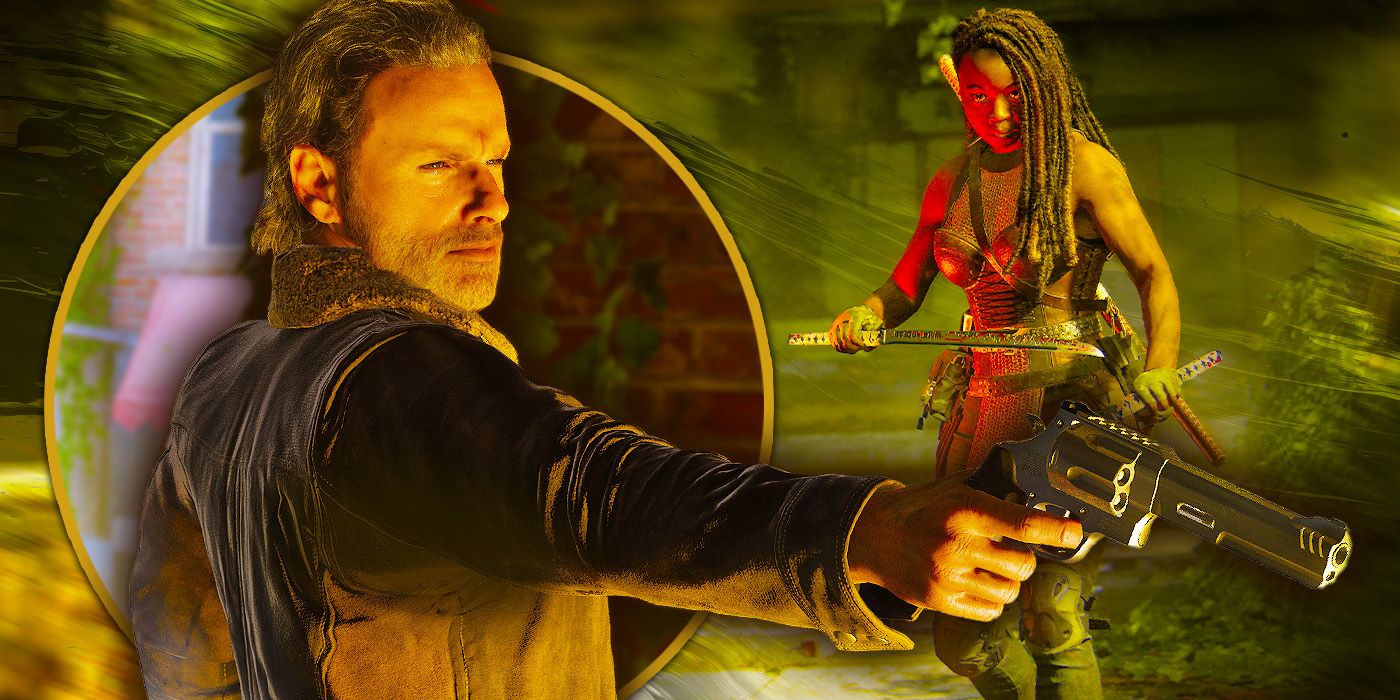 Call of Duty versions of Rick Grimes holding and pointing a gun on the left and Michonne holding swords on the right.
