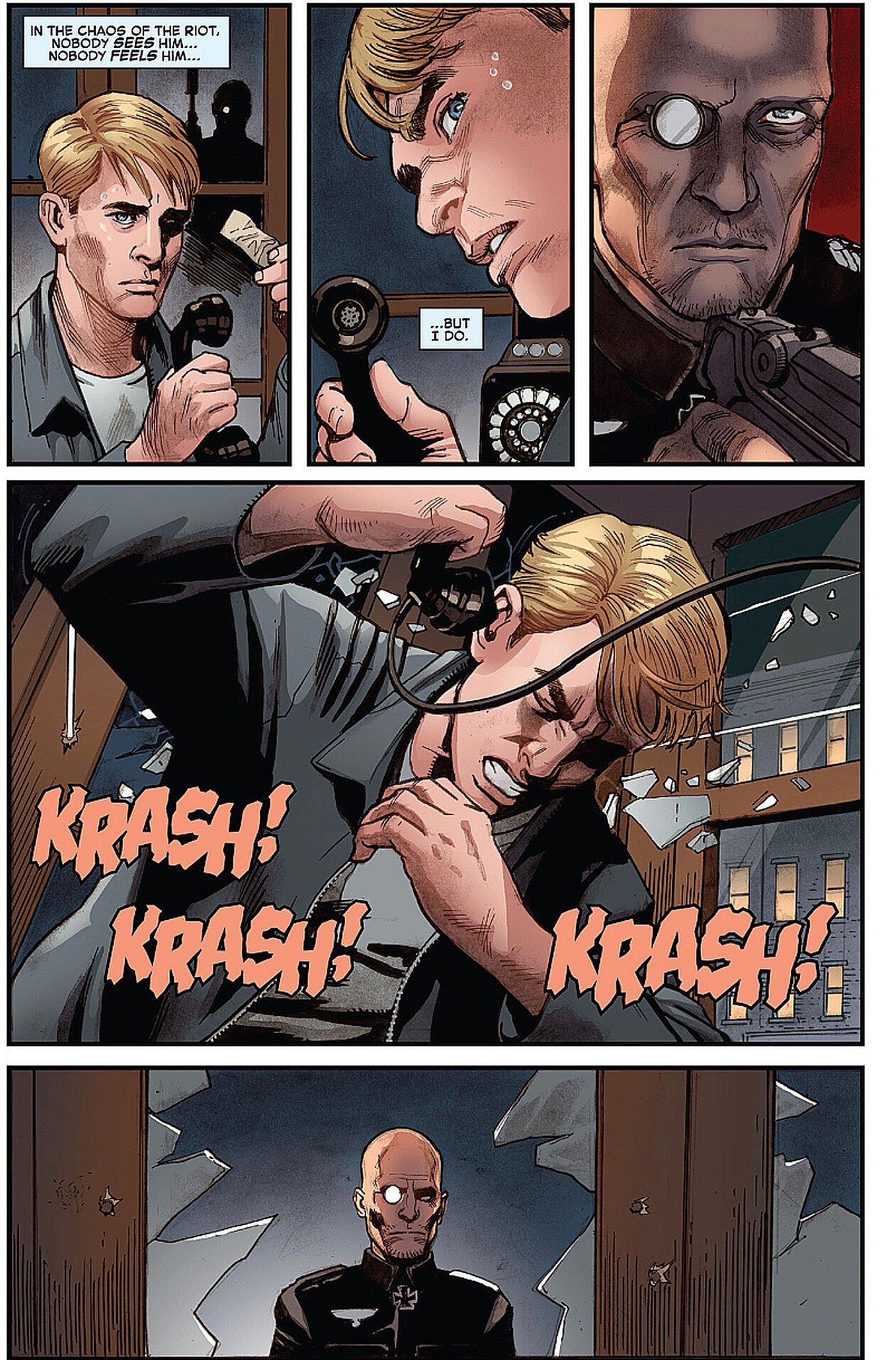 Capitão América #5, Strucker atira em Steve Rogers em uma cabine telefônica