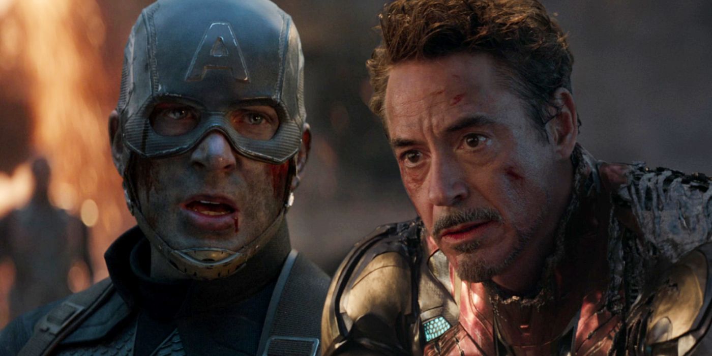 Captain America (Chris Evans) and Iron Man (Robert Downey Jr.) in the Battle of Earth in Avengers Endgame