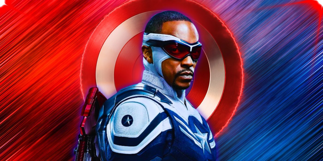Captain America (Sam Wilson) in front of the MCU shield on a red and blue background
