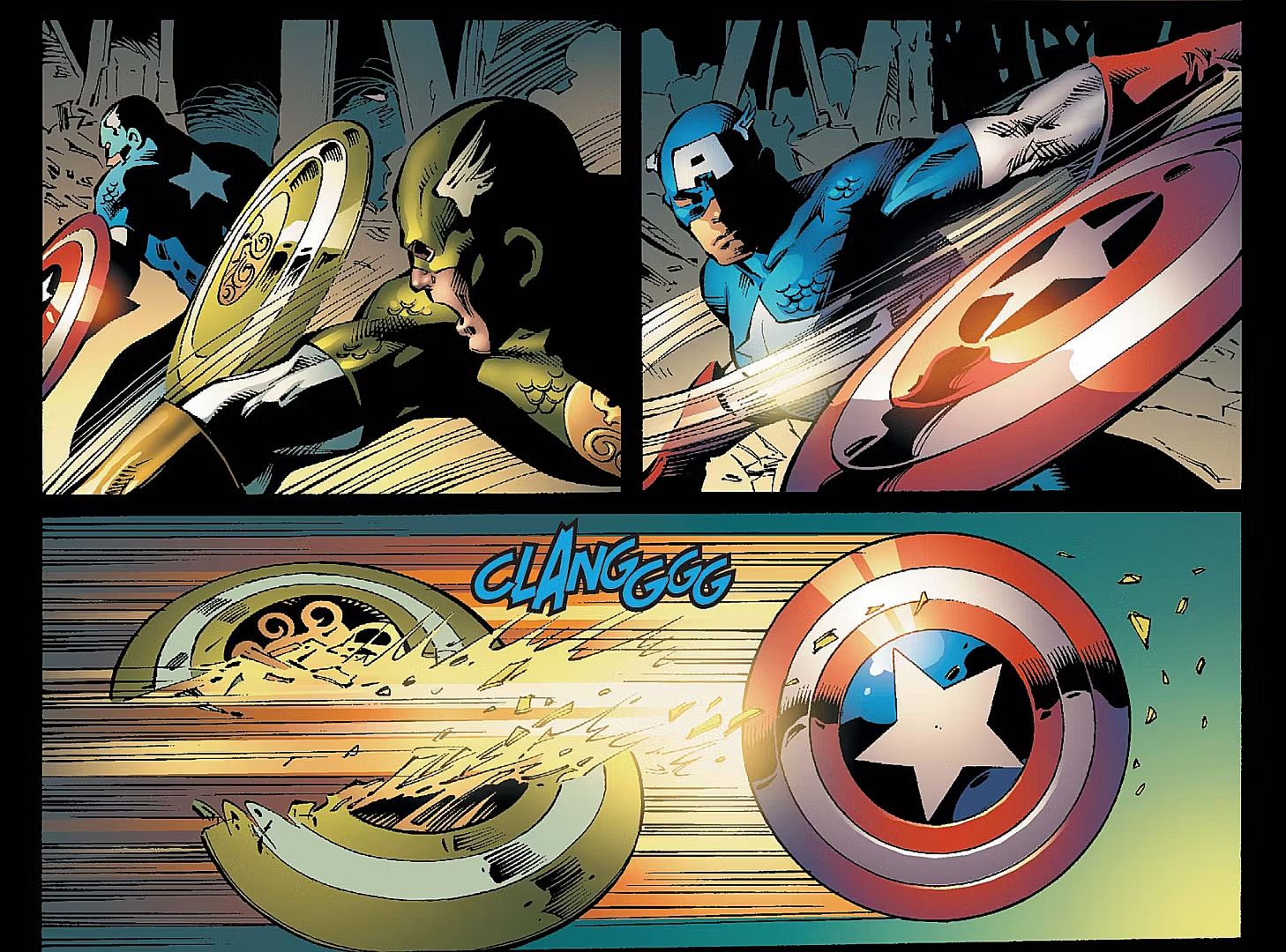 Captain America's shield cuts directly through his Hydra duplicate's inferior copy