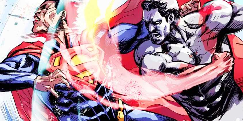 Comic book art: Captain Atom punching Superman through streaks of light.