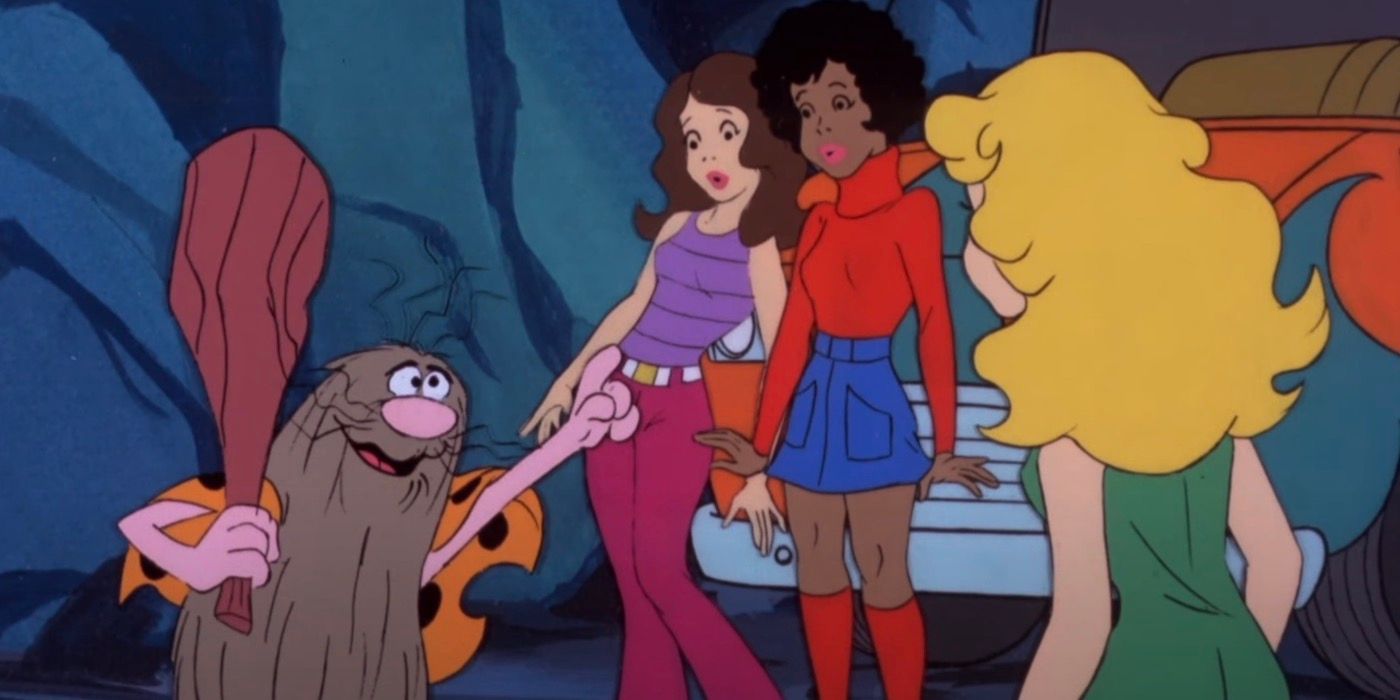 Captain Caveman is pointing at Dee Dee, Brenda, and Taffy. 