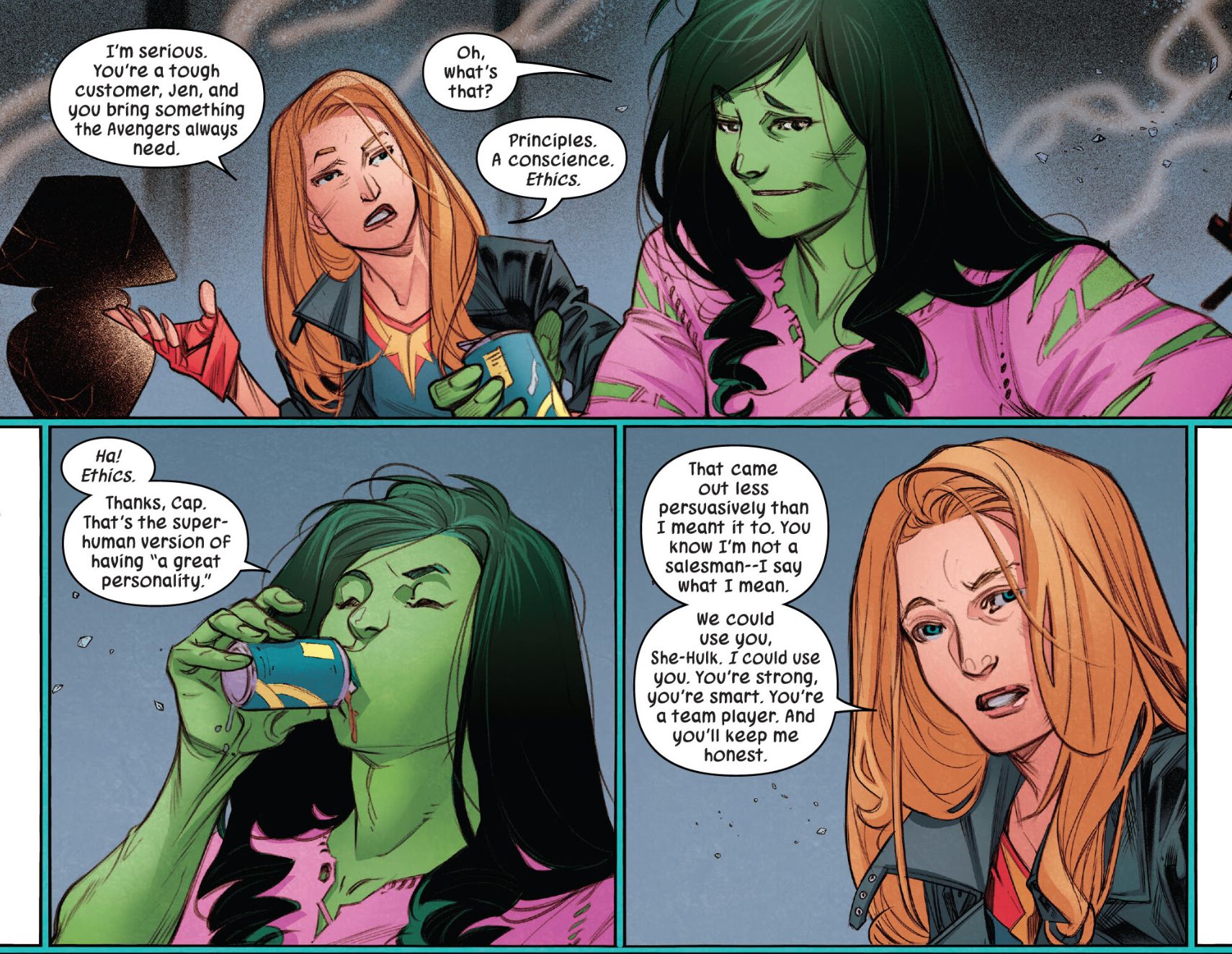 Sensacional She Hulk #5, Capitã Marvel explica porque quer Jen nos Vingadores: seu código de ética.