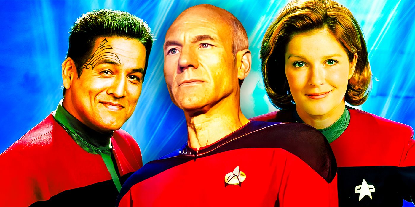 Uma colagem do Capitão Picard de Star Trek: The Next Generation, da Capitã Janeway de Star Trek: Voyager e do Comandante Chakotay de Star Trek: Voyager.