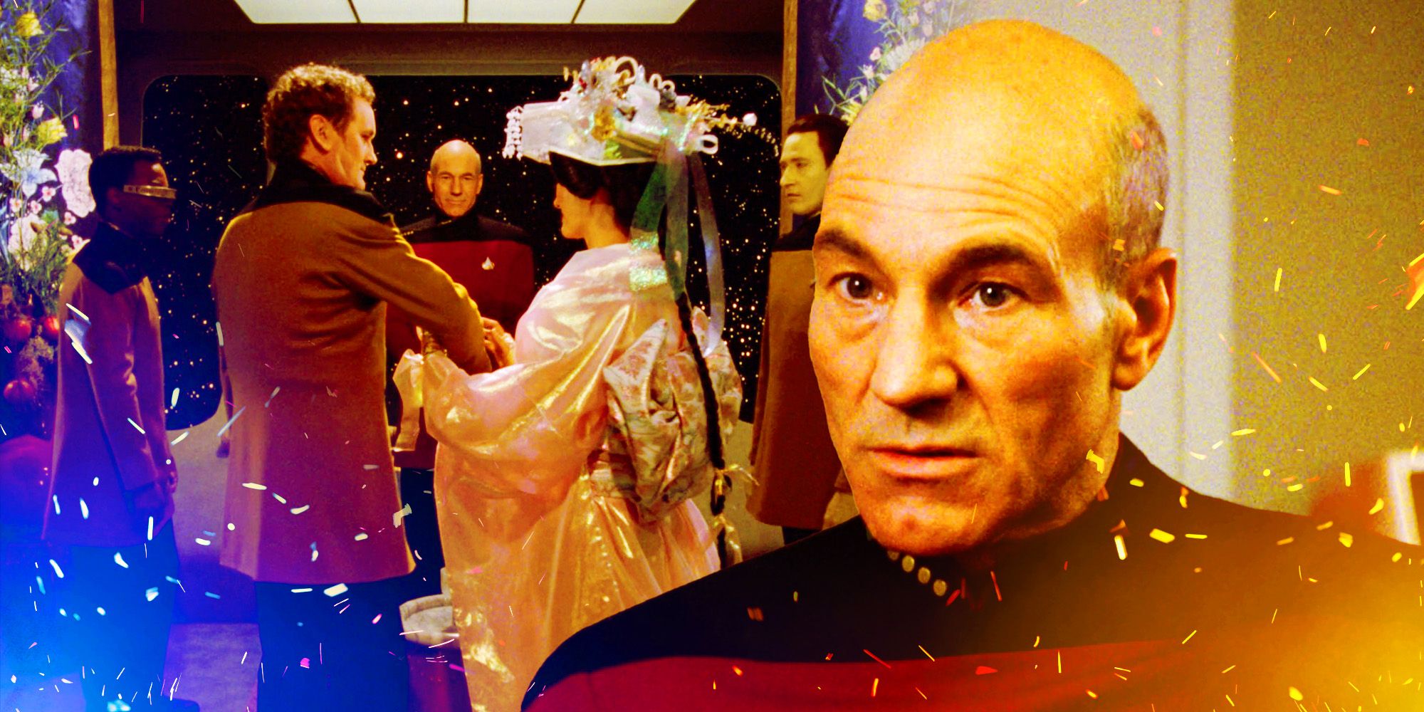 Captain Picard from TNG, with the wedding scene from <em>Data’s Day</em> in the background