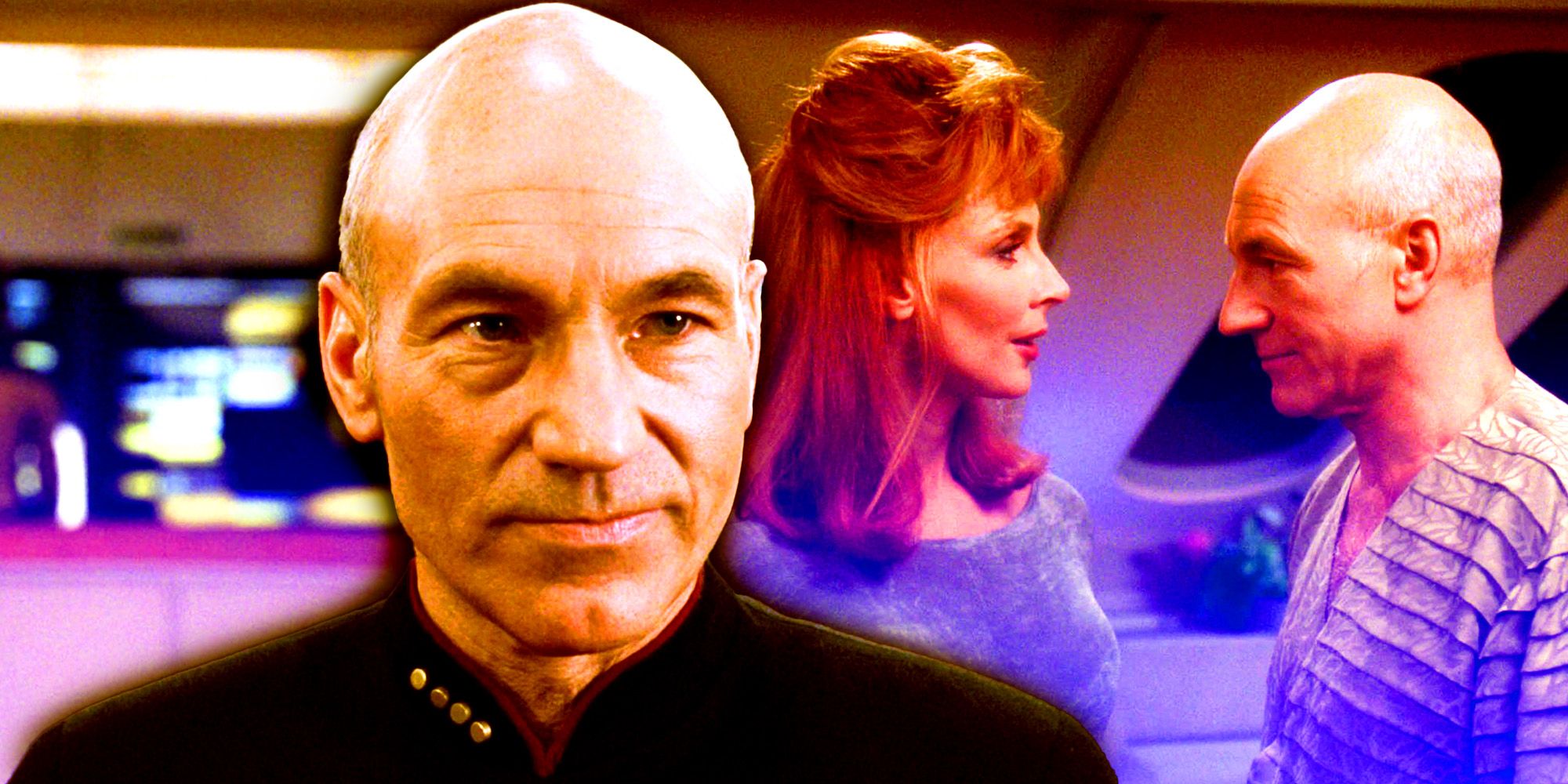 Patrick Stewart as Captain Picard and Gates McFadden as Dr. Crusher
