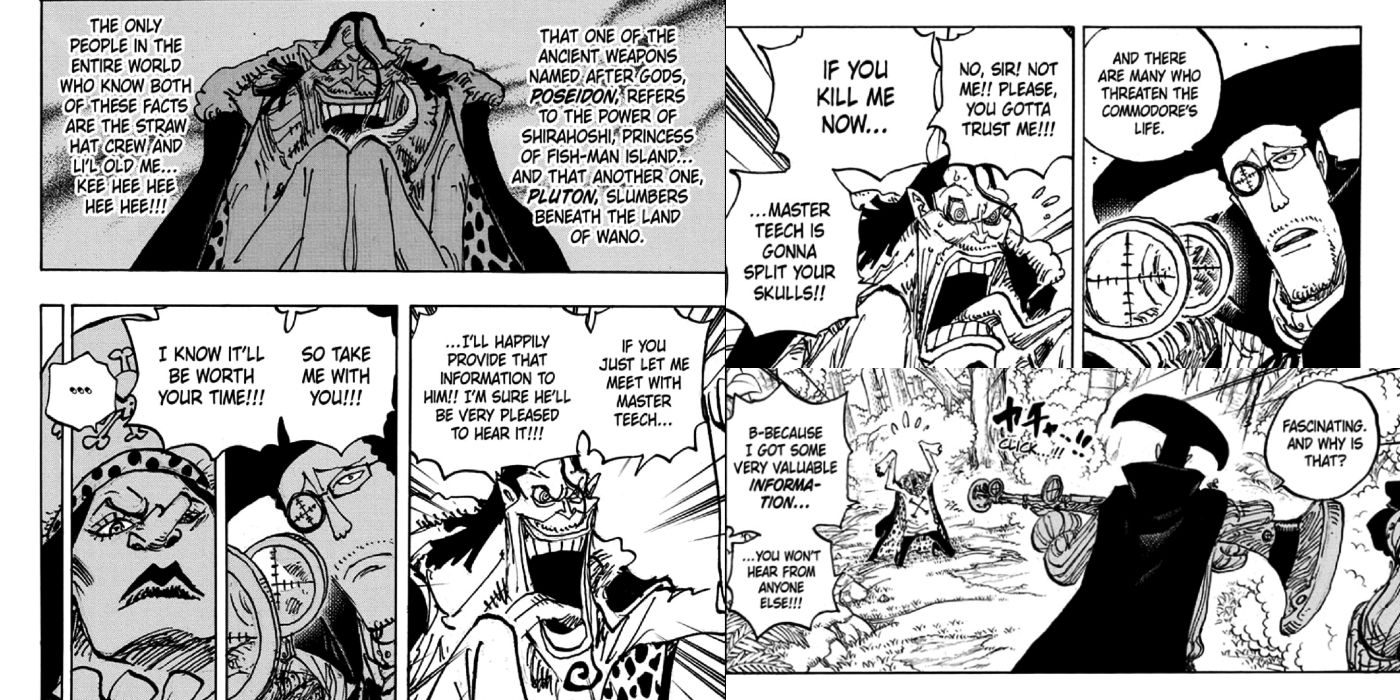 Caribou asks Van Augur and Catarina to let him meet blackbeard and reveals he has important information to share about the Ancient Weapons in One Piece