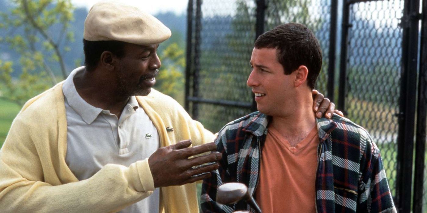 Carl Weathers as Derrick "Chubbs" Peterson and Adam Sandler as Happy Gilmore converse in a scene from Happy Gilmore.