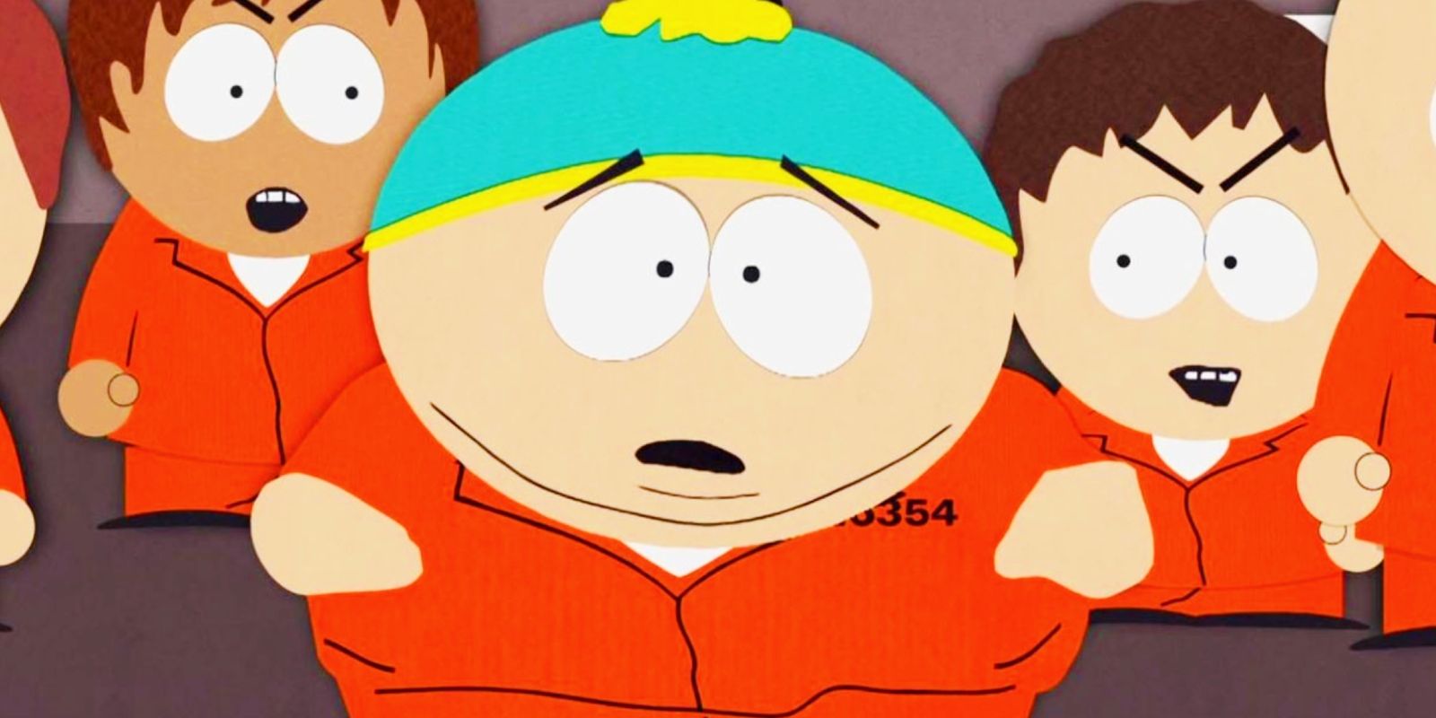 Cartman wearing a prison uniform and looking surprised in South Park