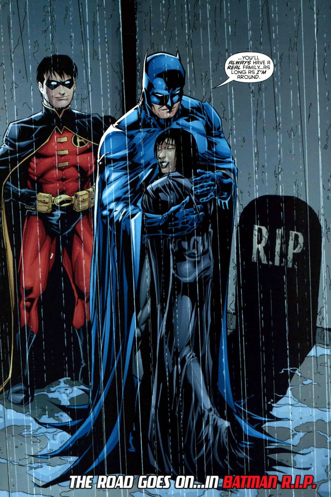 Página de quadrinhos: Batman abraça Batgirl Cassandra Cain enquanto Robin Tim Drake assiste.