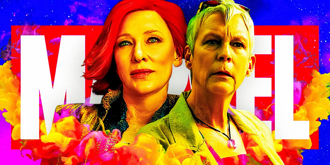 Cate Blanchett as Lilith and Jamie Lee Curtis as Tannis in Borderlands on a Marvel logo background