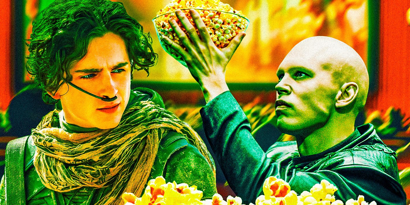 Timothée Chalamet as Paul Atreides and Austin Butler as Feyd-Rautha Harkonnen holding up a bowl of popcorn