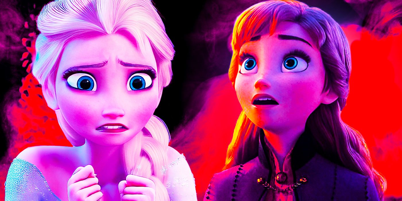 Split image of Elsa looking scared and Anna looking curious in Frozen