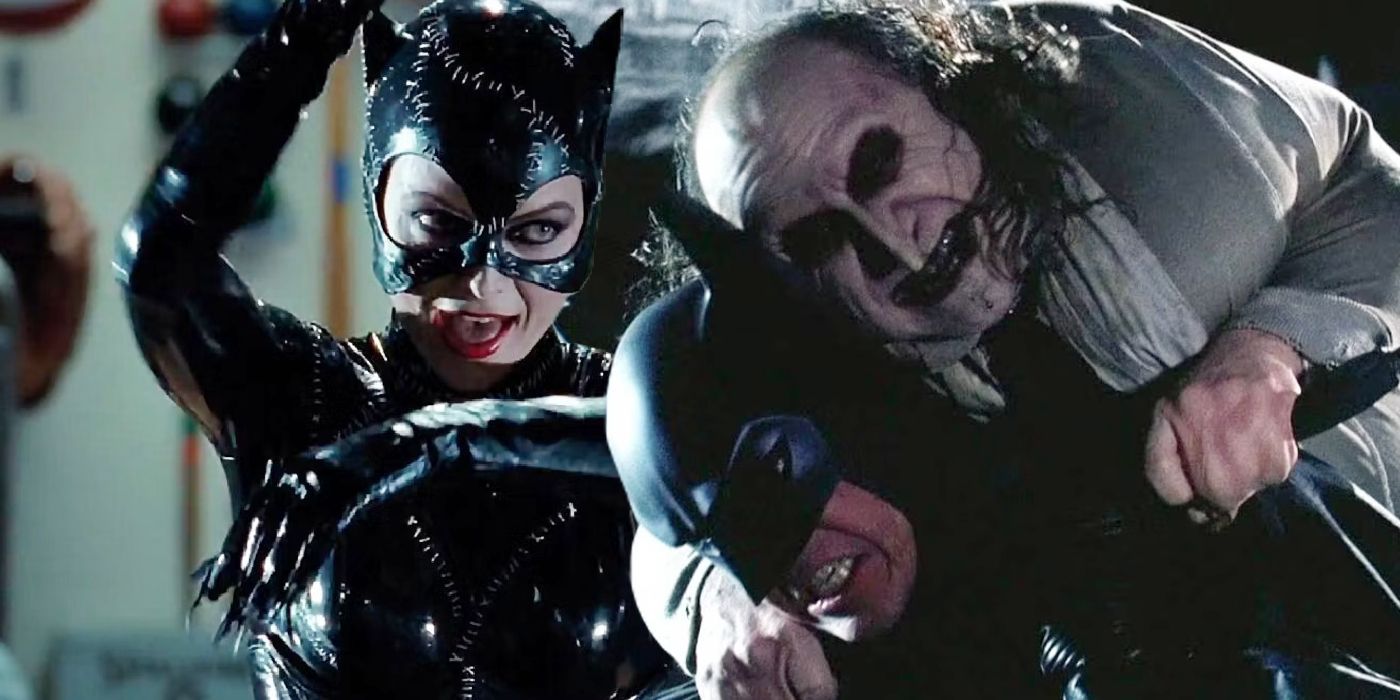 Michelle Pfeiffer's Catwoman swings a whip, Michael Keaton's Batman and Danny DeVito's Penguin fight in Batman Returns
