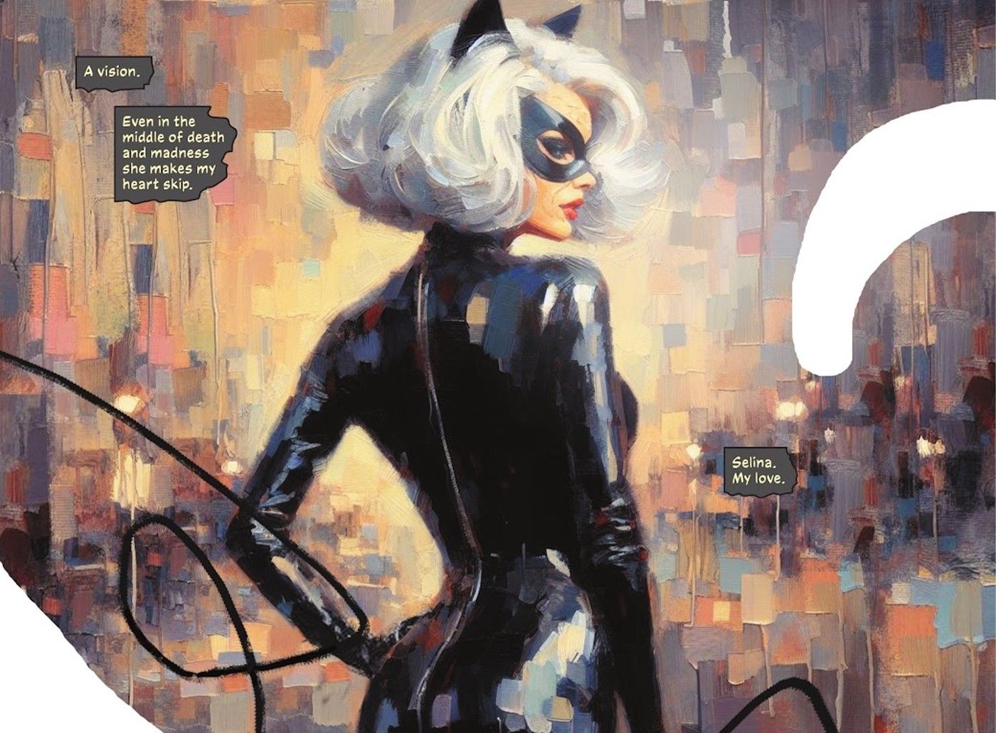 Comic book panel: a future version of Catwoman with silver hair looks over her shoulder.