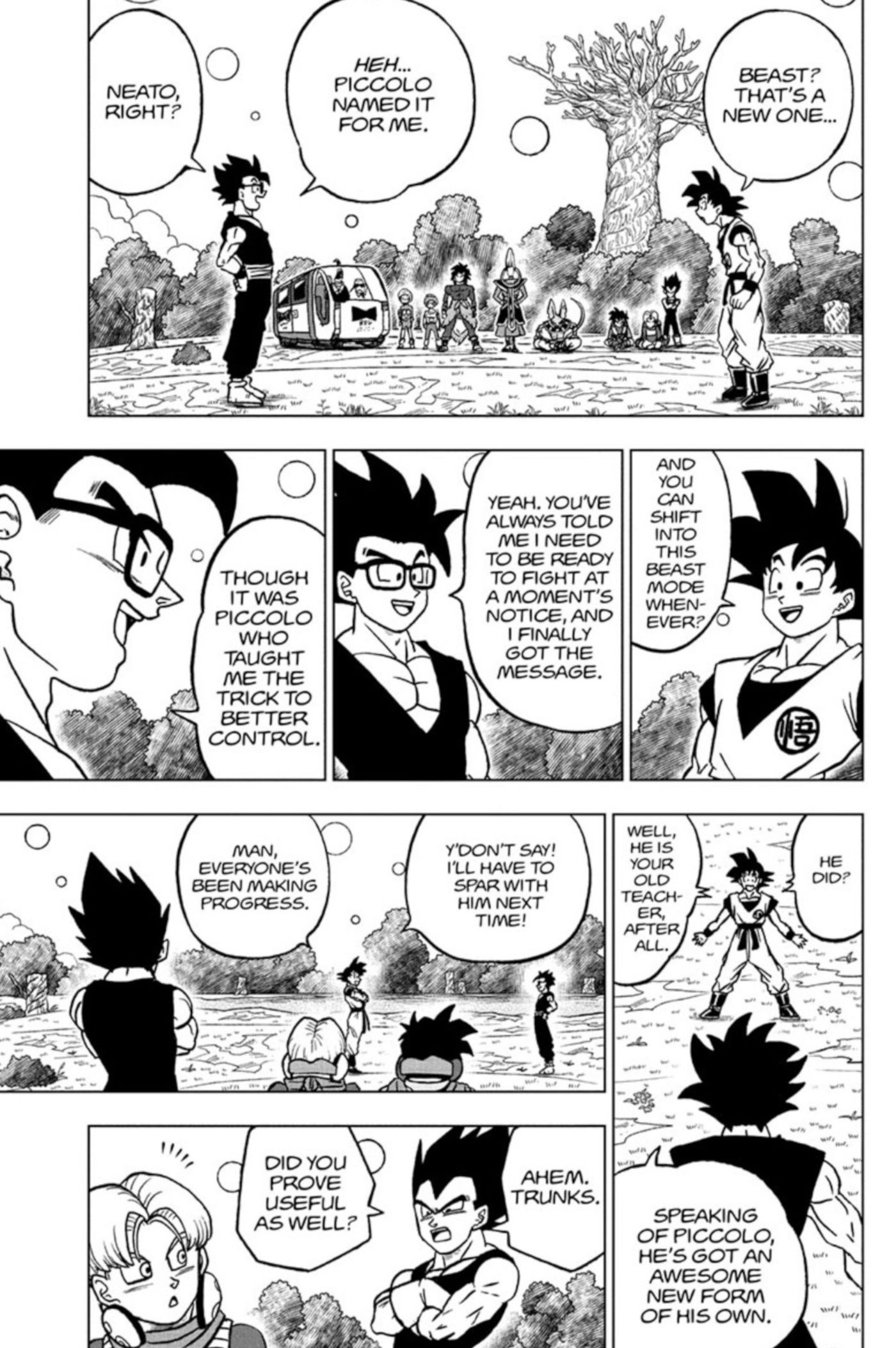 Painéis de mangá do capítulo 102 de Dragon Ball Super mostram Gohan explicando a Goku e Vegeta como ele desbloqueou o Modo Besta com a ajuda de Piccolo no mundo de Beerus.