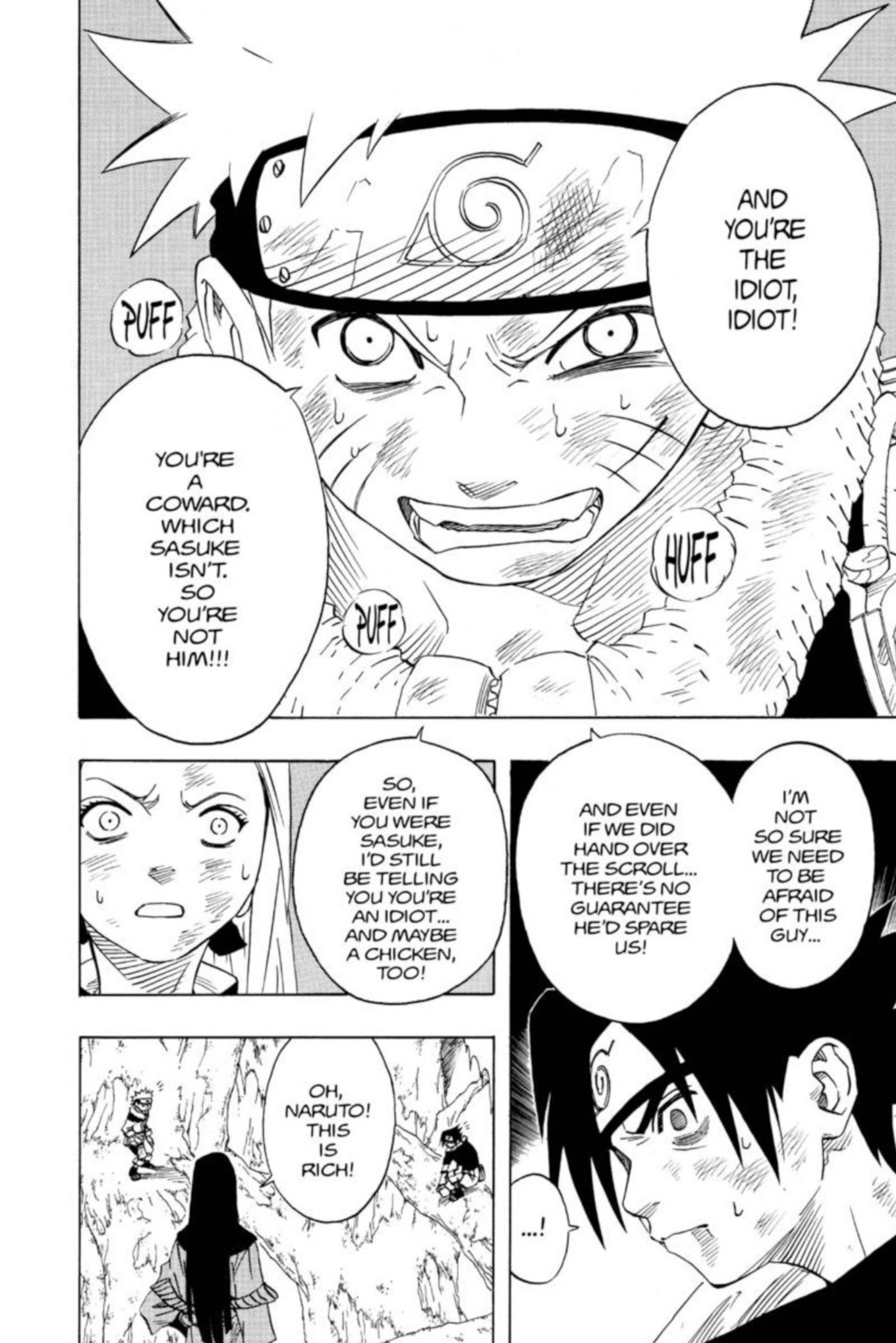 Painéis de mangá do capítulo 48 de Naruto mostram Naruto dizendo que Sasuke deve ser um impostor porque ele está sendo um covarde com Orochimaru.