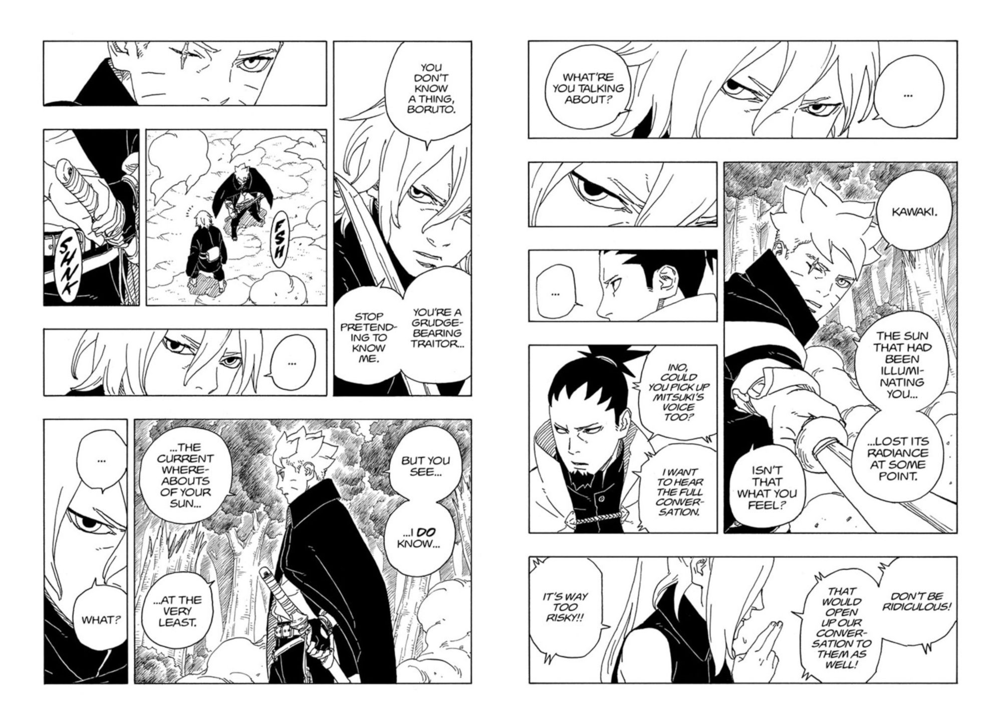 Painéis de mangá do capítulo 7 de Boruto mostram Boruto conversando com Mitsuki furioso enquanto Boruto embainha sua espada.