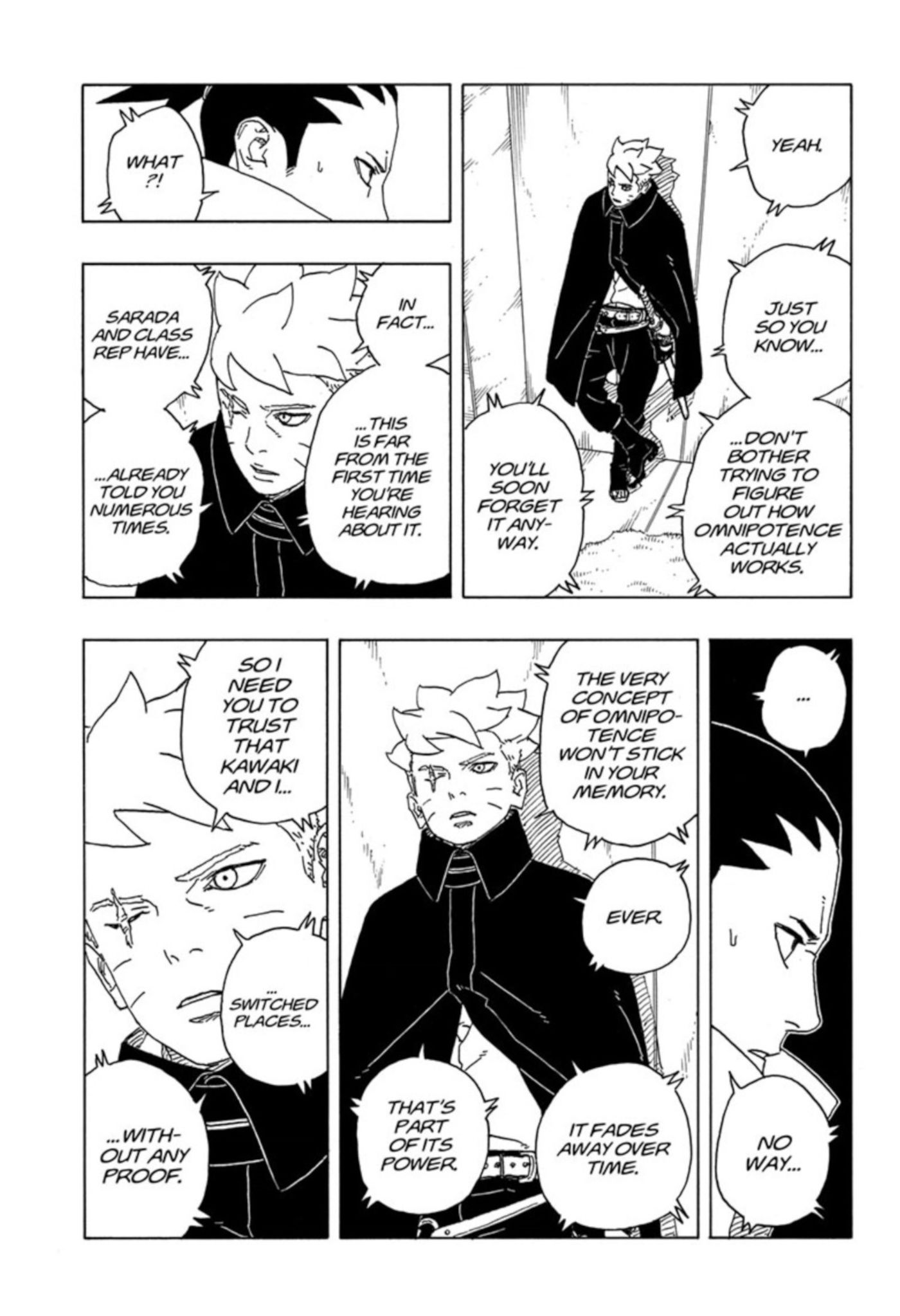 Painéis de mangá do capítulo 7 de Boruto Two Blue Vortex mostram Shikamaru e Boruto conversando sobre os poderes de Eida e como Shikamaru irá esquecer.