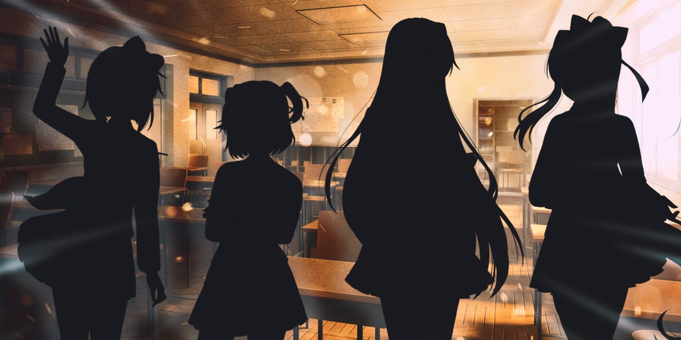 Characters from Doki Doki Literature Club silhouetted against a classroom. 