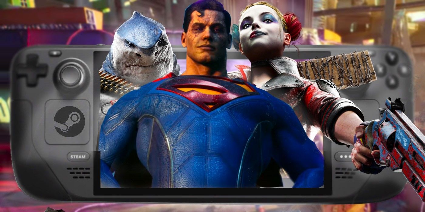 King Shark, Superman, and Harley Quinn from Suicide Squad: KTJL, popping out of a Steam Deck.