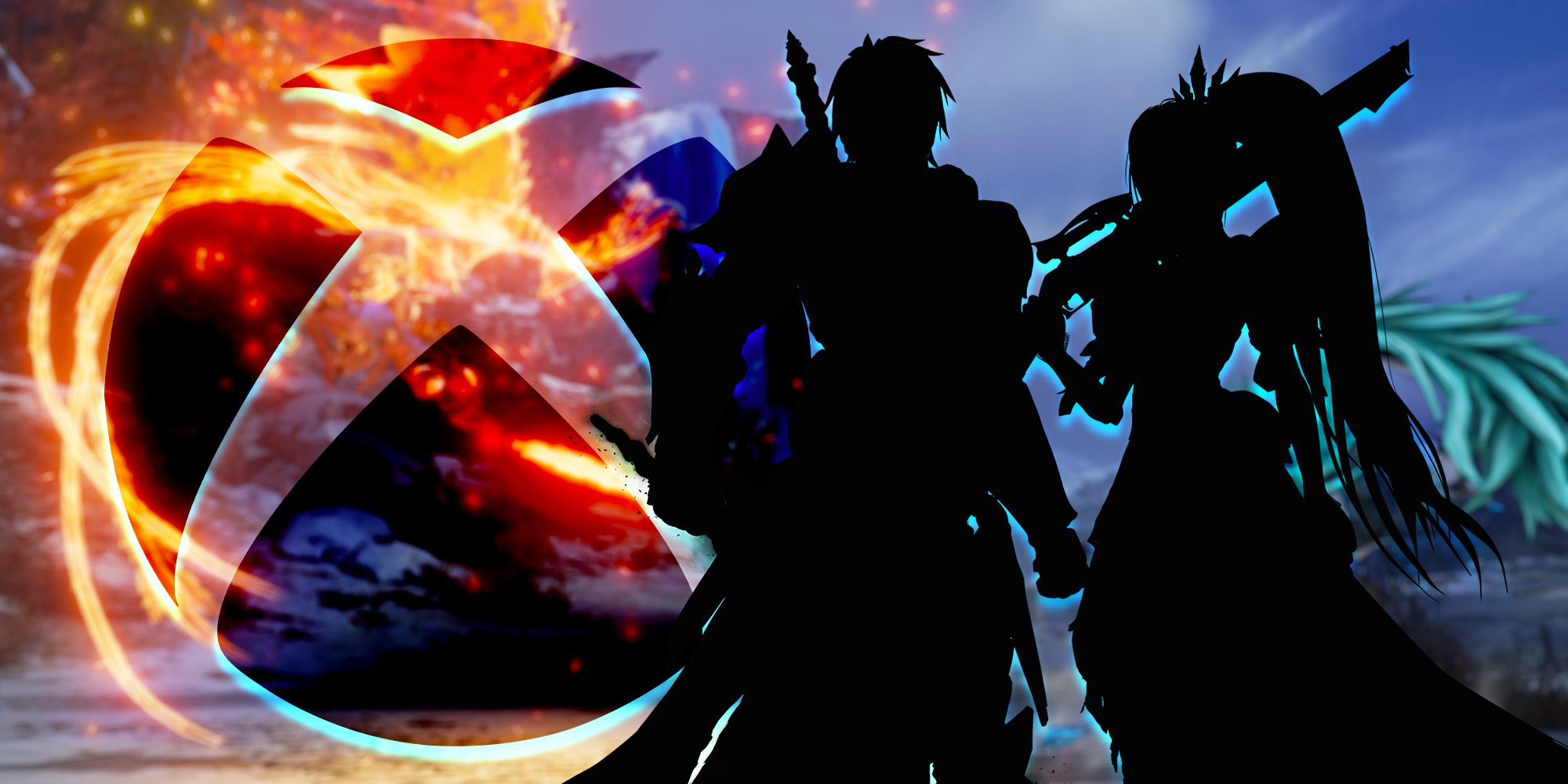Characters from Tales of Arise in darkness with an Xbox logo.