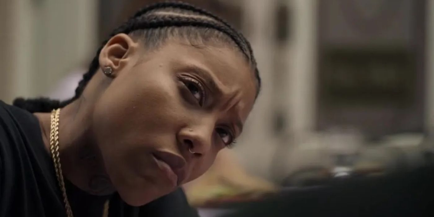 Chastity (Jonica Booth) tilting her head and looking confused in Rap Shit.