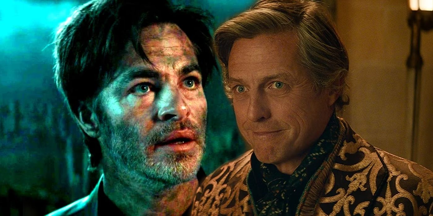Chris Pine as Edgin Darvis looking up and Hugh Grant as Forge Fitzwilliam smiling in Dungeons &amp; Dragons Honor Among Thieves.