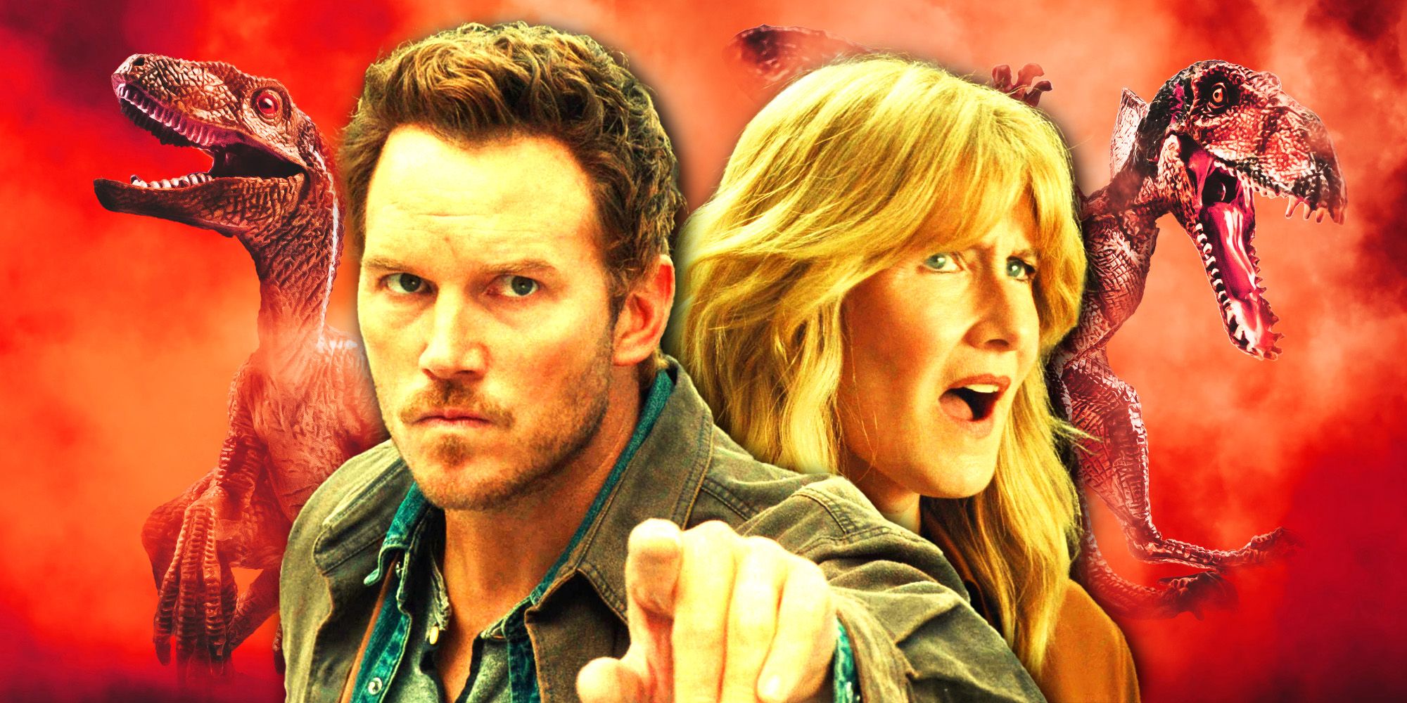 Chris Pratt and Laura Dern from Jurassic World. with a couple different dinosaursjpg