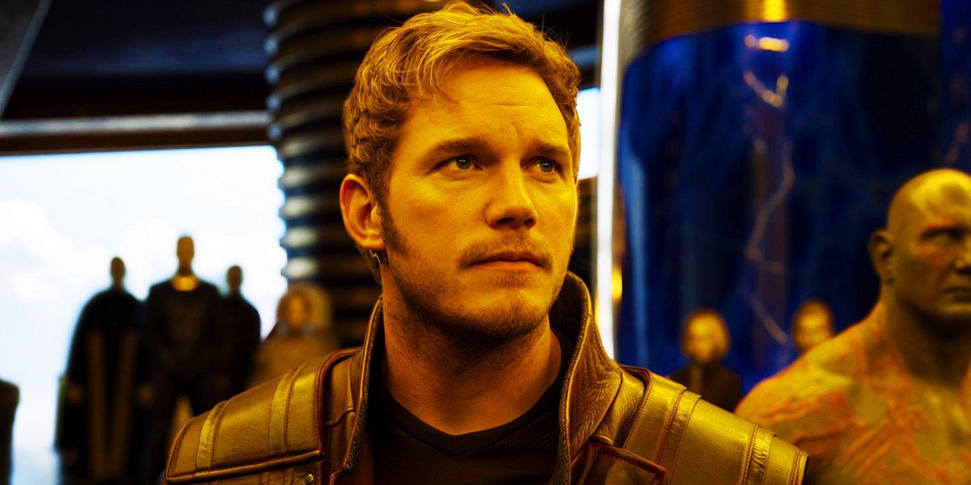 Chris Pratt's Star-Lord looks up at Ayesha in the opening of Guardians of the Galaxy Vol. 2