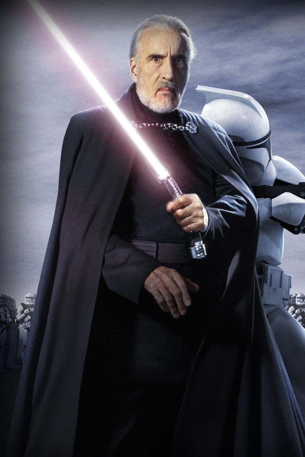 Christopher Lee as Count Dooku Holding a Lightsaber and Standing By A Clone Trooper