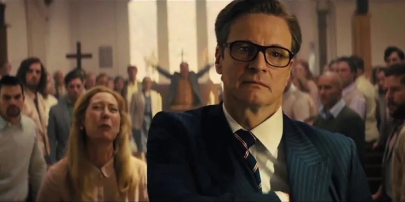 Harry stands in the front of a church in Kingsman: The Secret Service