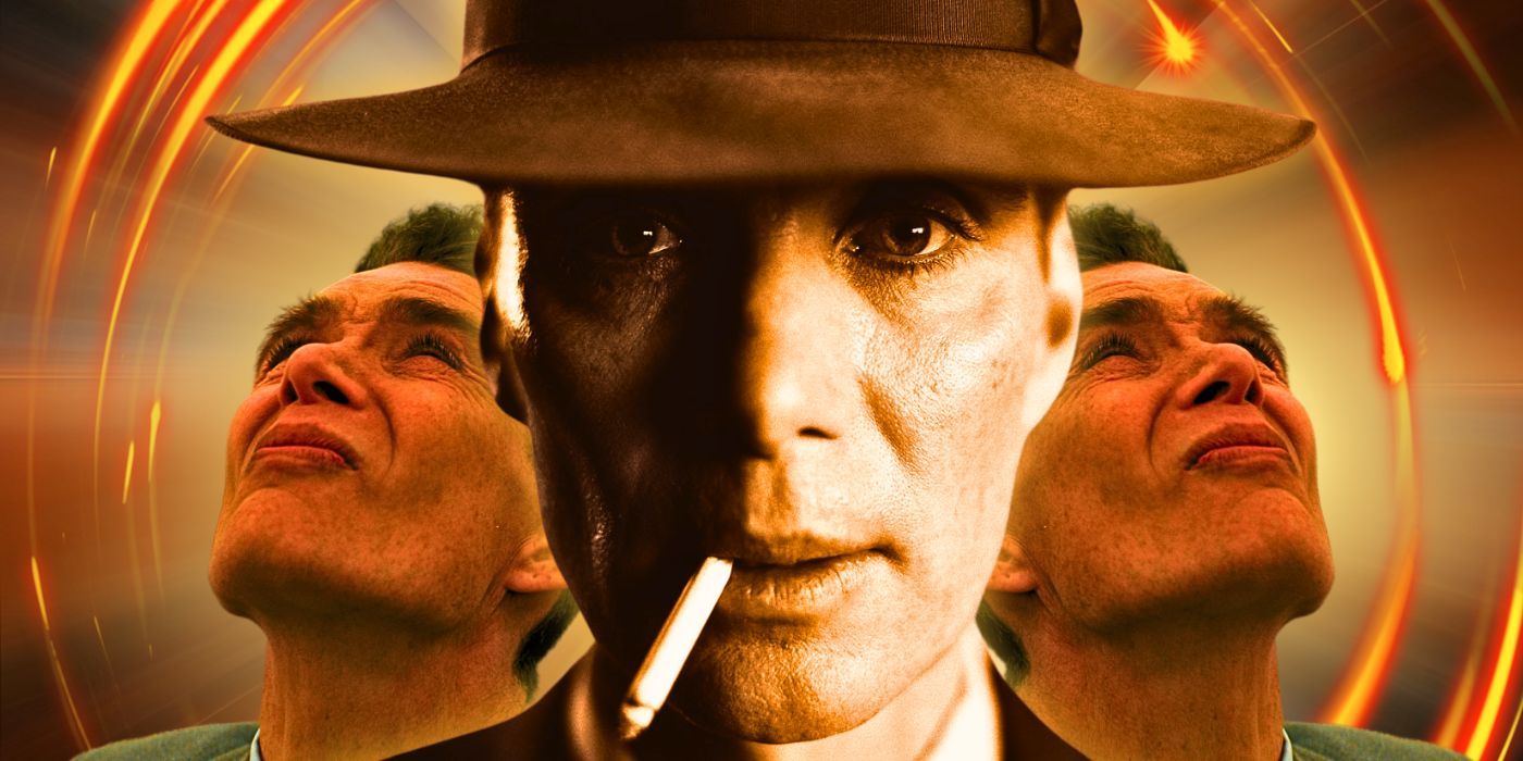 Cillian Murphy as Oppenheimer smoking a cigarette and looking up