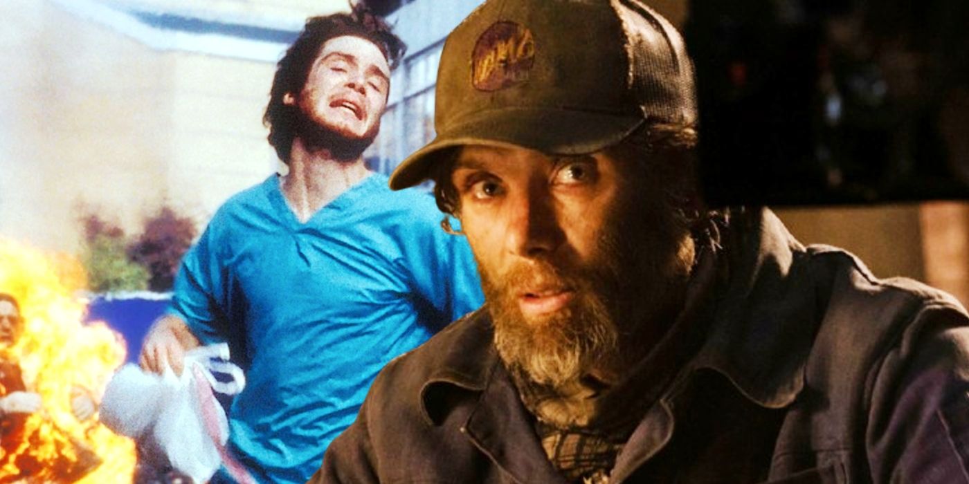 Cillian Murphy in A Quiet Place Part II juxtaposed with Murphy running from a zombie in 28 Days Later