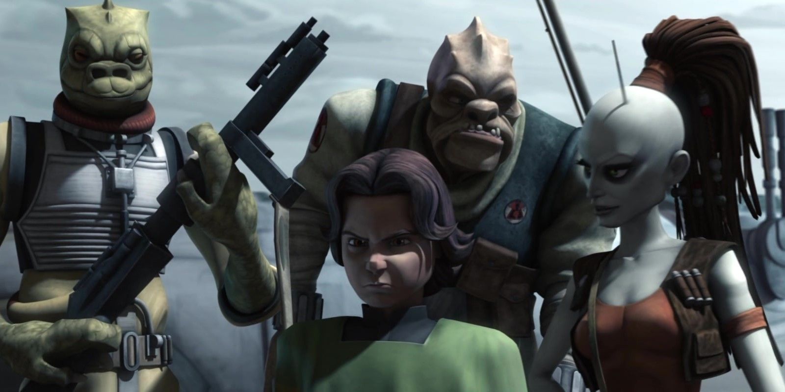 Bossk, Boba Fett, Castas, and Aurra Sing gathered around each other watching an explosion off screen in Star Wars: The Clone Wars season 2 episode 21