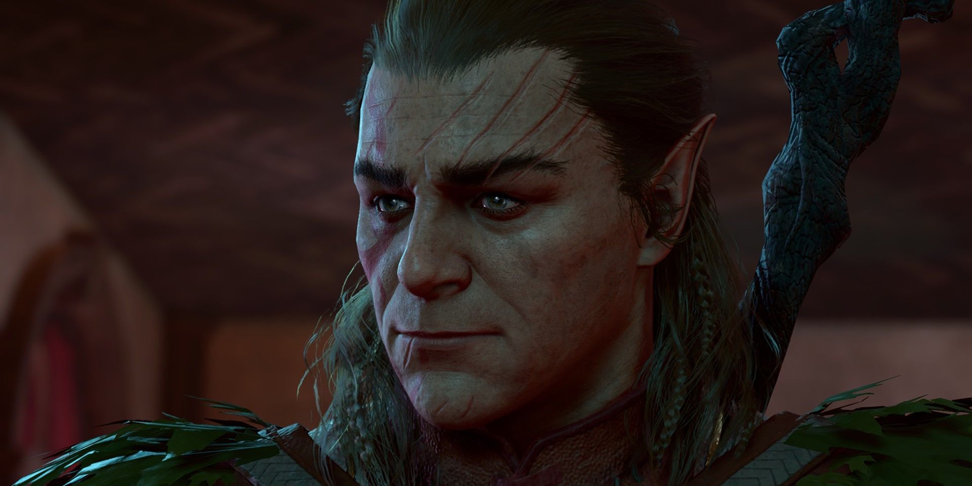 Close up as Halsin gives a small smile in Baldur's Gate 3