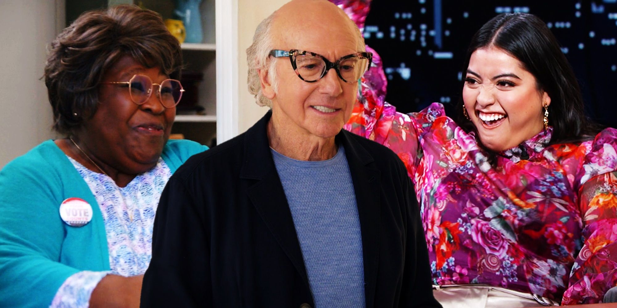 Collage of Auntie Rae, Larry, and Maria Sofia in Curb Your Enthusiasm season 12