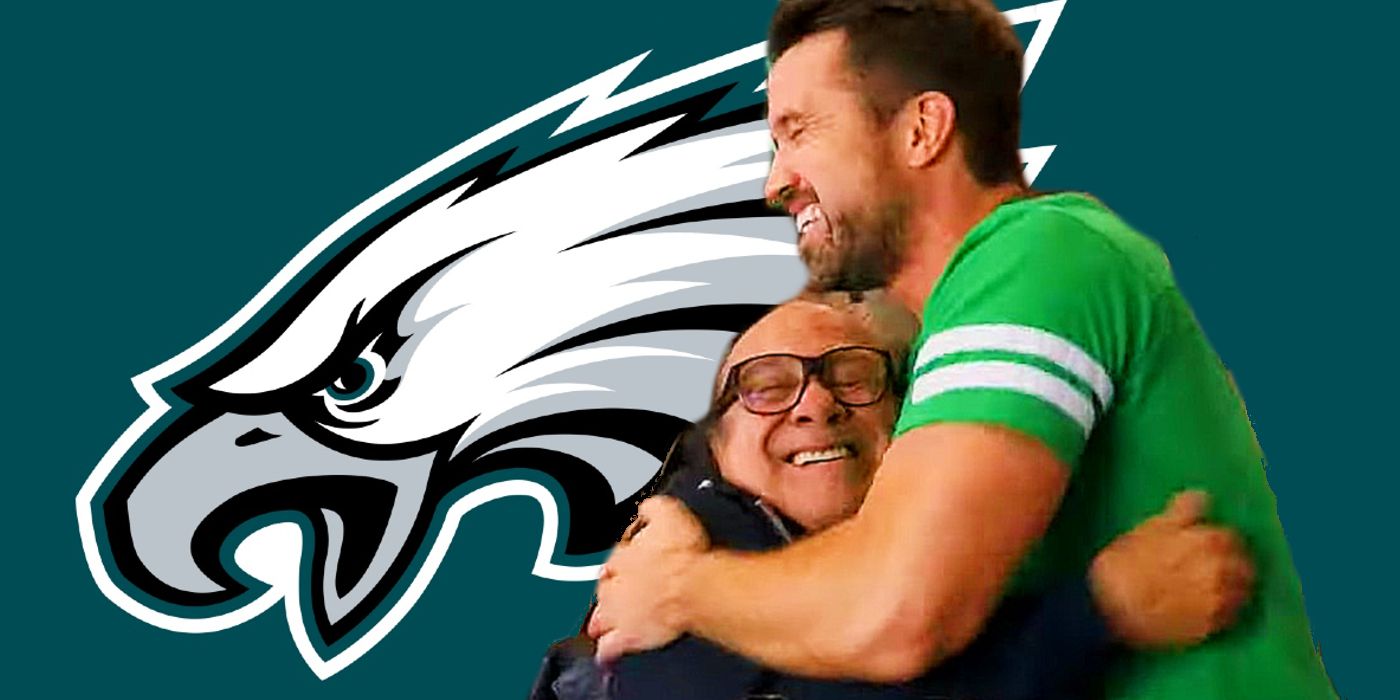Collage of Frank (Danny DeVito) and Mac (Rob McElhenney) hugging in front of the Eagles logo.