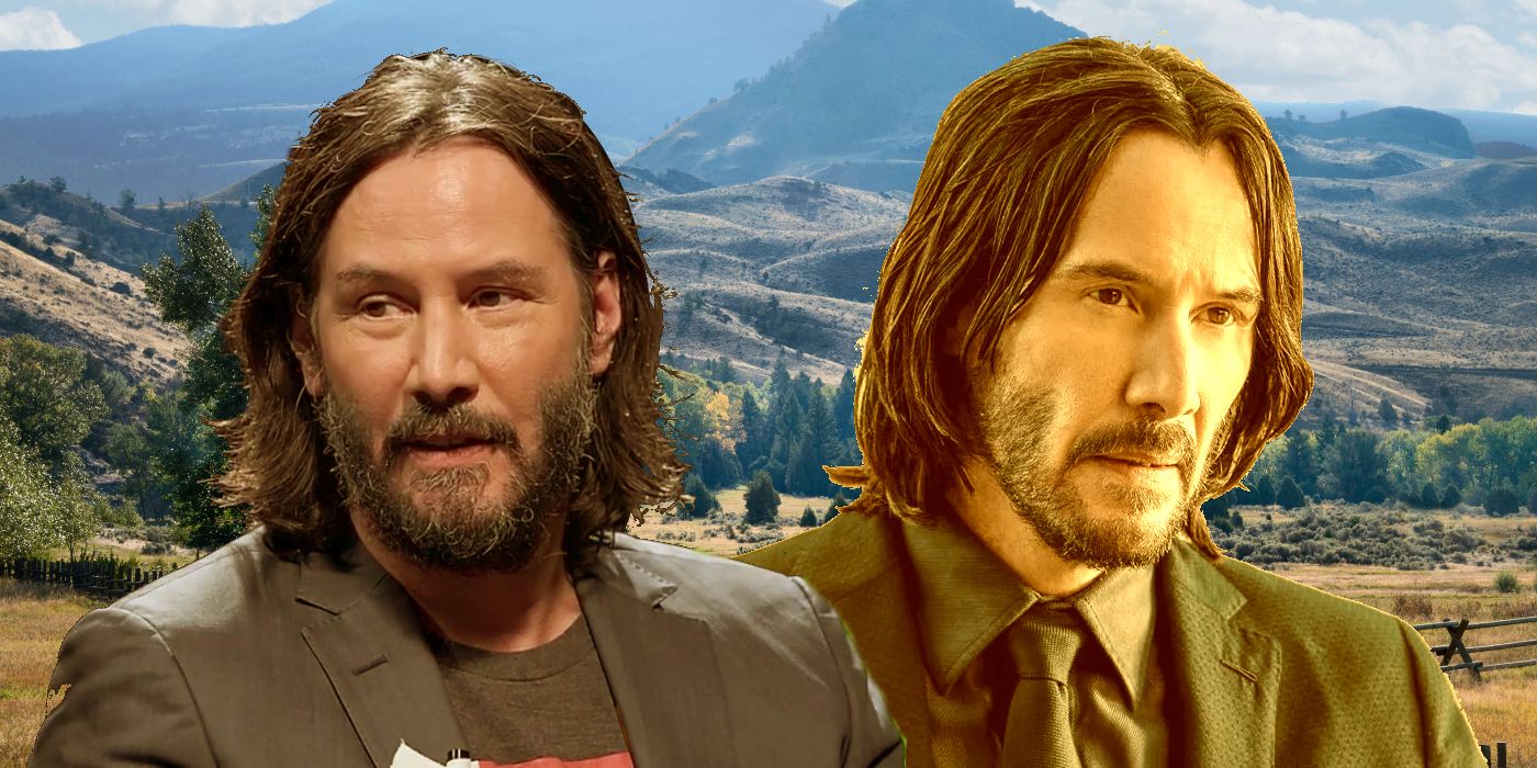 Collage of Keanu Reeves in front of the Yellowstone Ranch.
