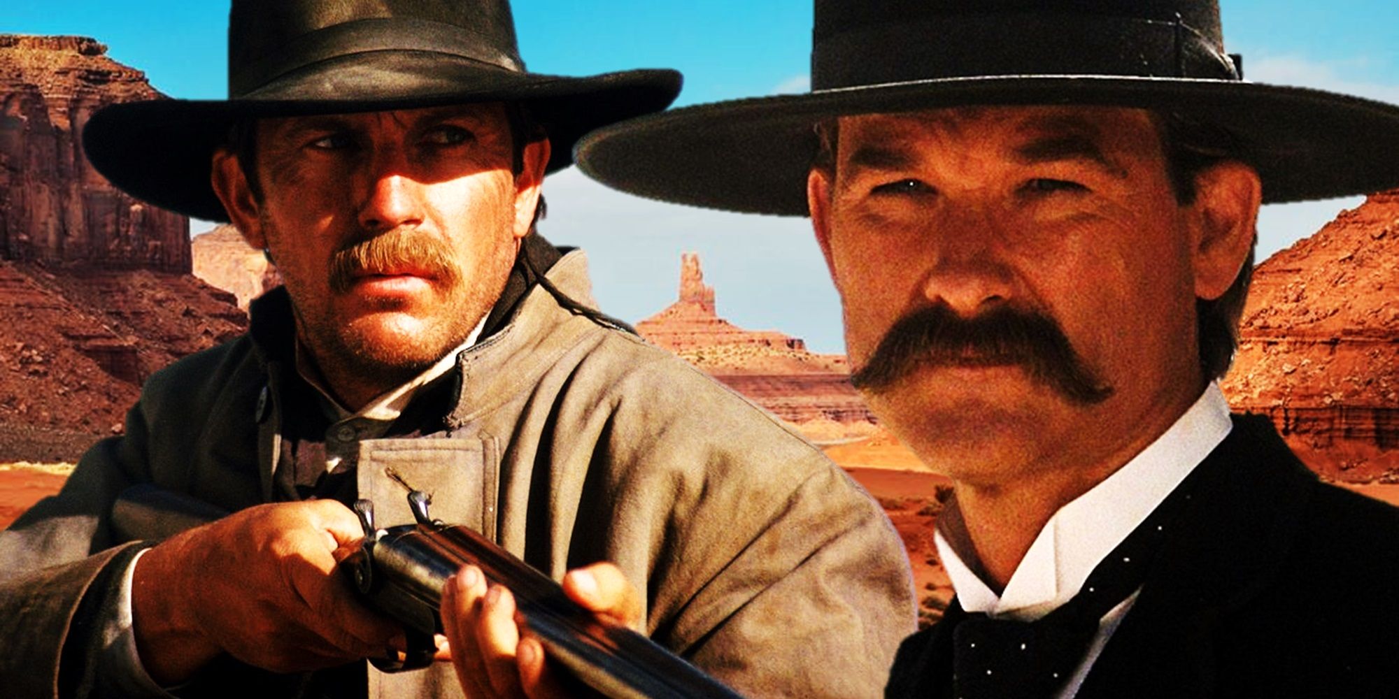Collage of Kevin Costner and Kurt Russell as Wyatt Earp