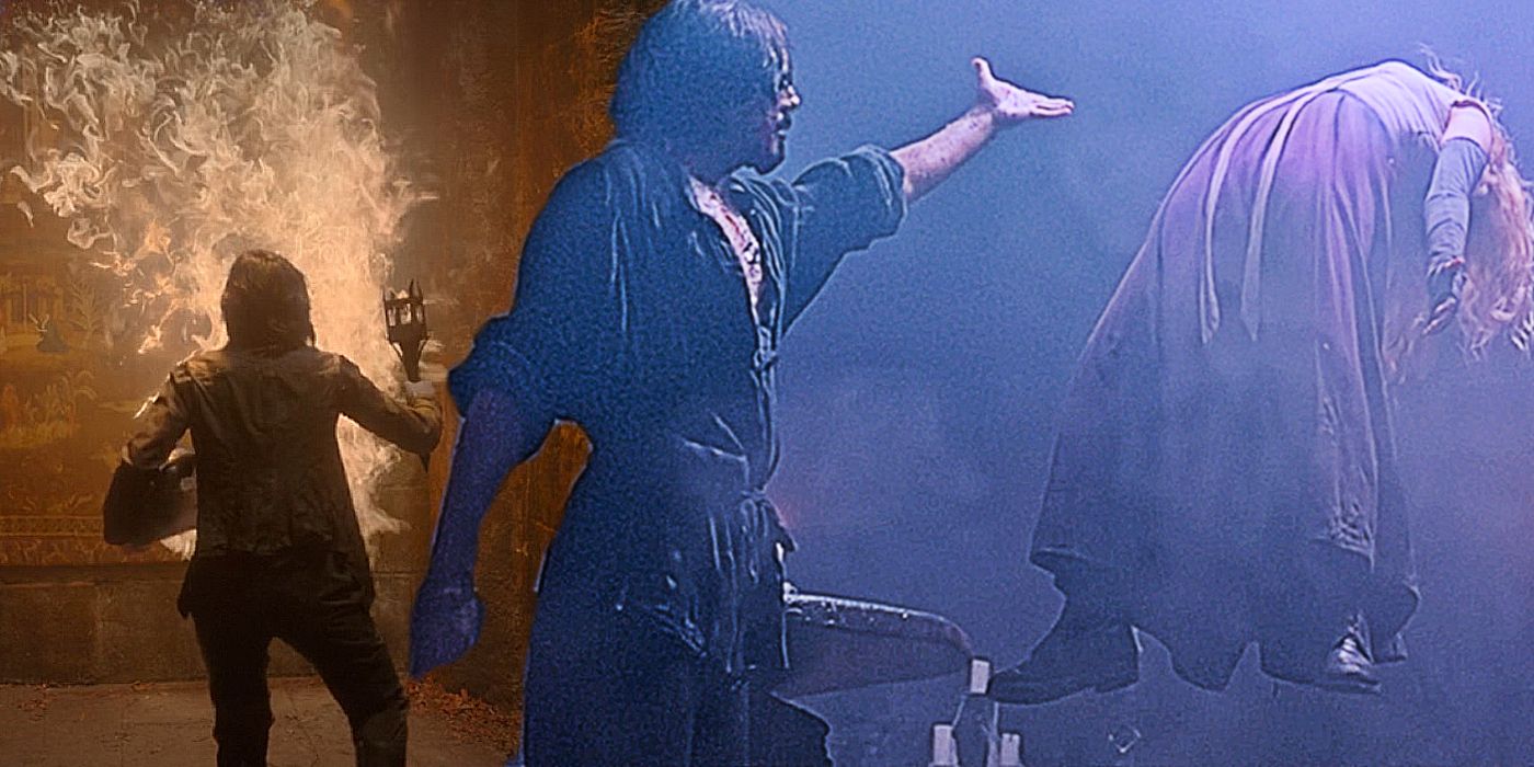 Collage of Kit (Ruby Cruz) looking at fire and Graydon (Tony Revolori) levitating Elora (Ellie Bamber).