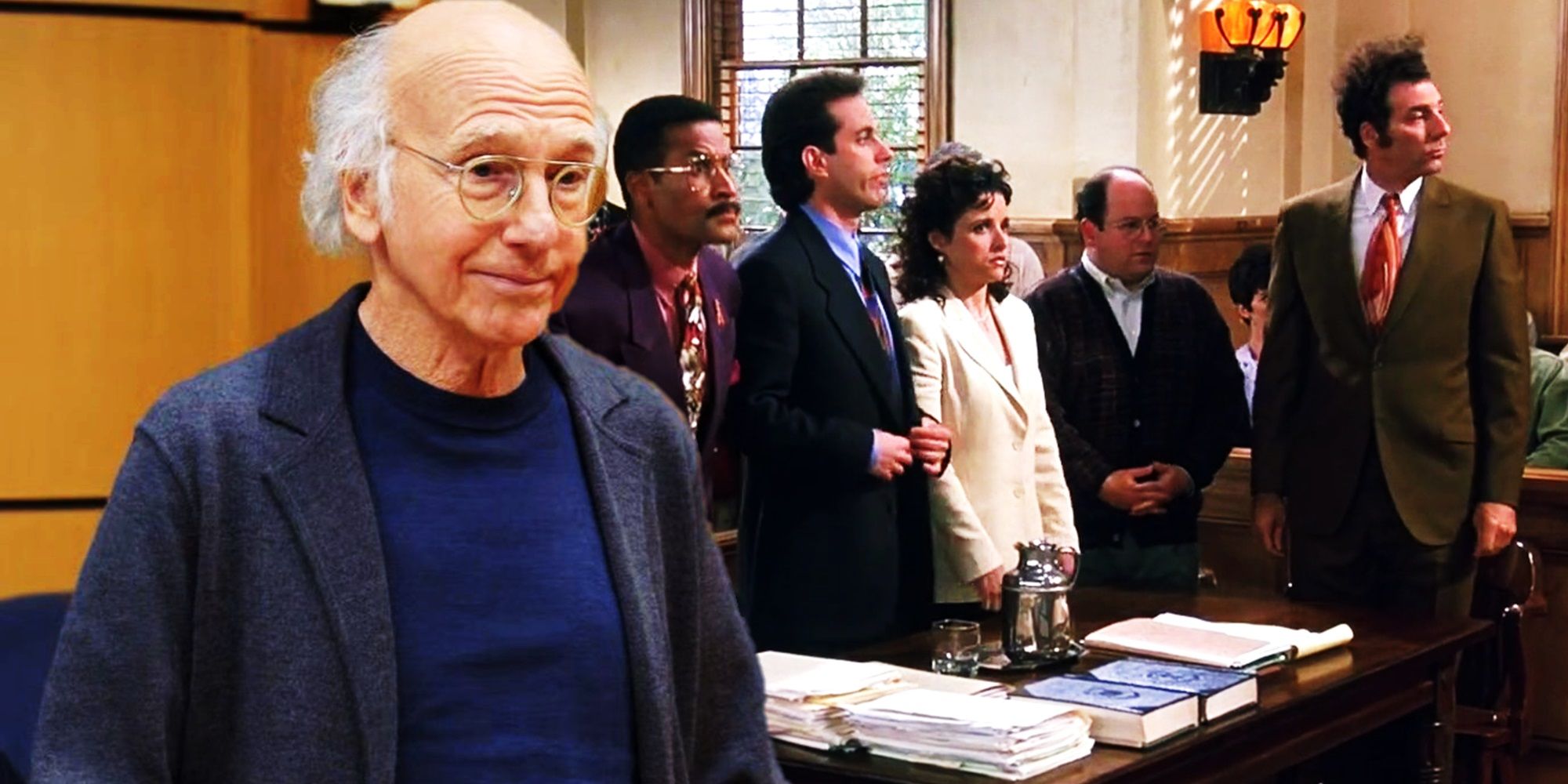Collage of Larry in court in Curb Your Enthusiasm and Jerry, George, Elaine, and Kramer in court in Seinfeld